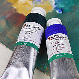 Our Oil Paint Range - Ken Bromley Artists Oils Phthalo Green and French Ultramarine Tubes