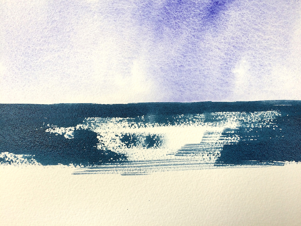 A wash of Aqua Green and Quinacridone Violet are added for the sea.
