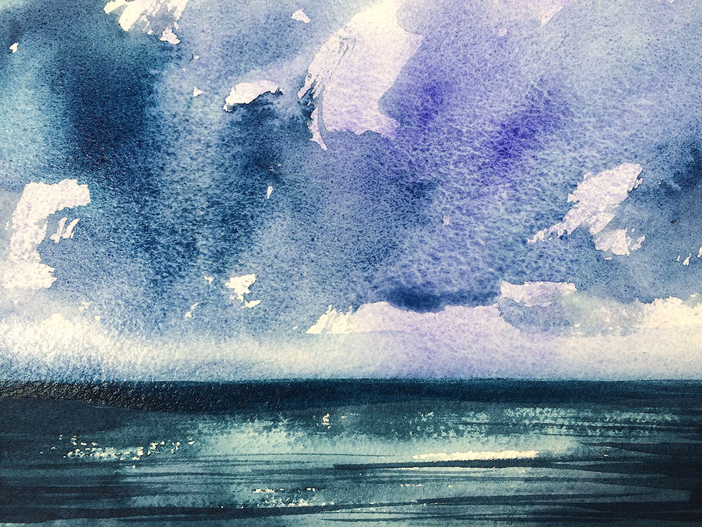 Add a dark mix of Aqua Green and Quinacridone Violet to the sky