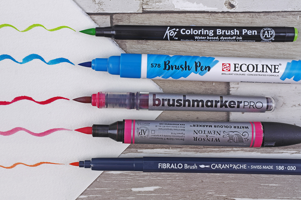 Karin Brushmarker PRO pen tested against Koi Clouring Brush Pen, Ecoline Brush Pen, Winsor & Newton Watercolour Marker and Caran d'Ache Fibralo Brush Pen