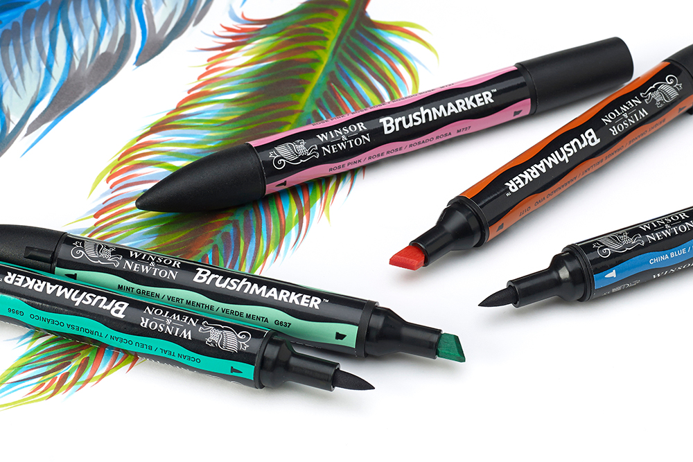 Assorted Winsor & Newton Brushmarker (Promarker Brush) Pens on marker illustration of a feather