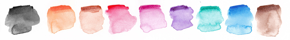 All nine colours from the Sakura Pigma Brush Pen Wallet mixed with water when wet