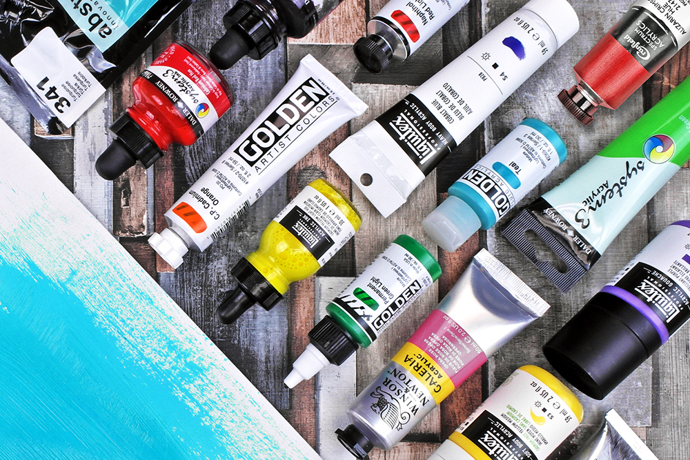A selection of artists acrylic paints from Winsor & Newton, Liquitex, Golden, Daler Rowney and more