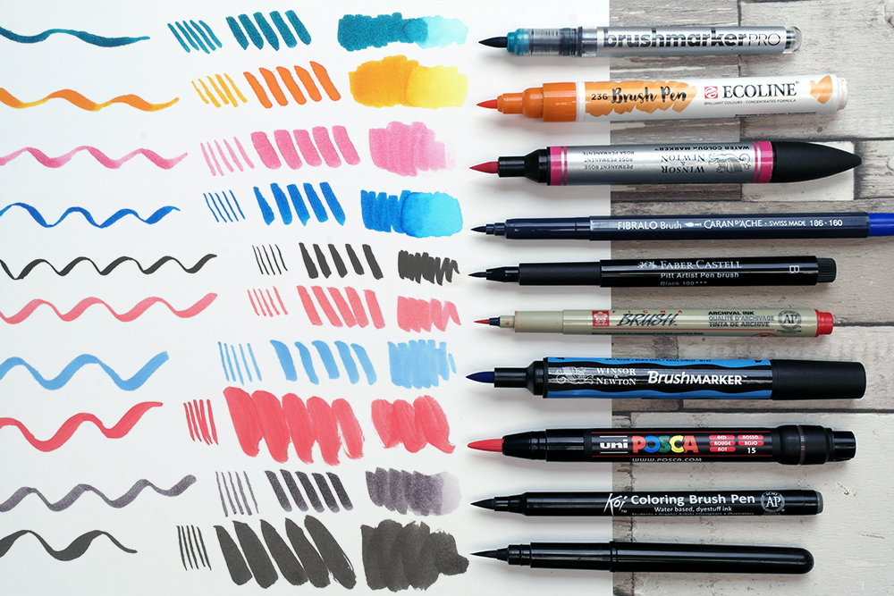 A selection of artists brush pens with swatches of each pen.