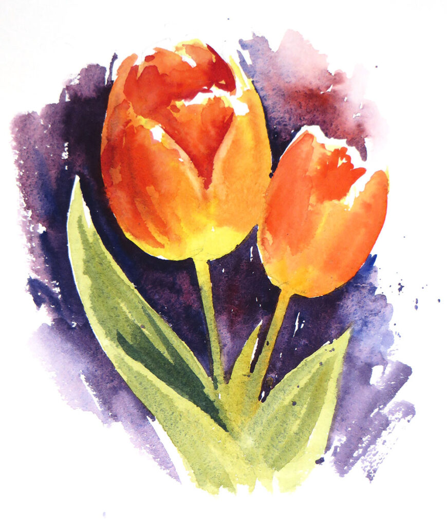 Bright Orangey-red Tulips painted using Lemon Yellow and Vermillion.