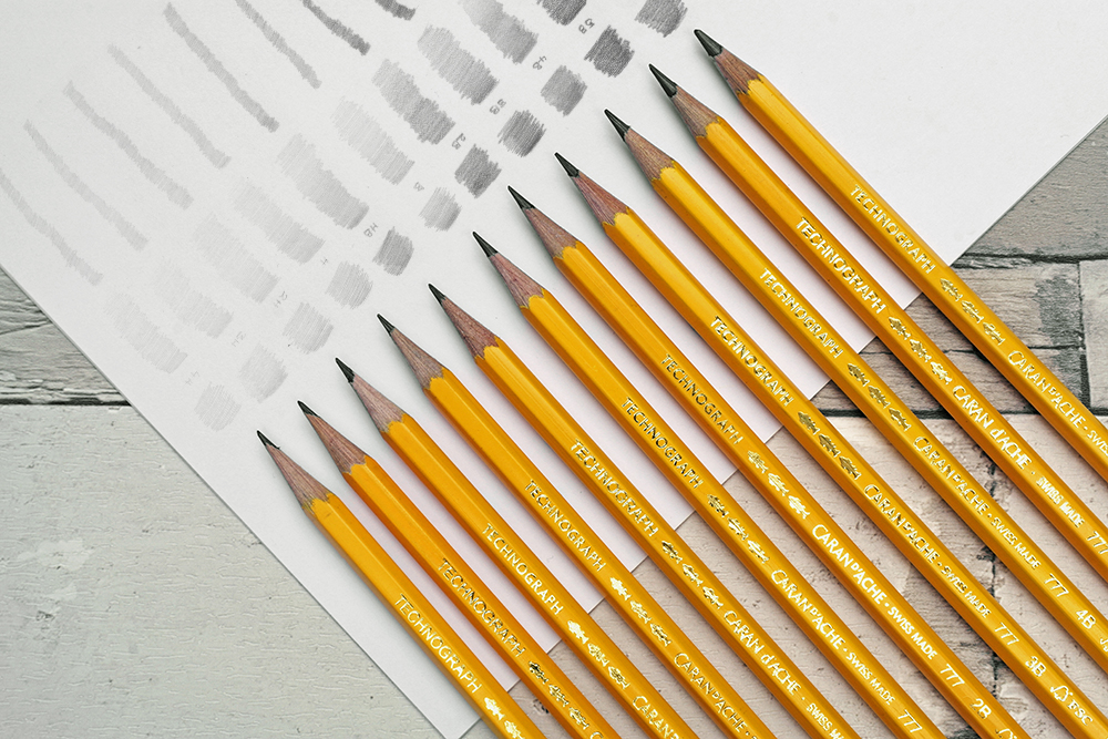 The full range of Caran d'Ache Technograph Graphite drawing and sketching pencils with swatches