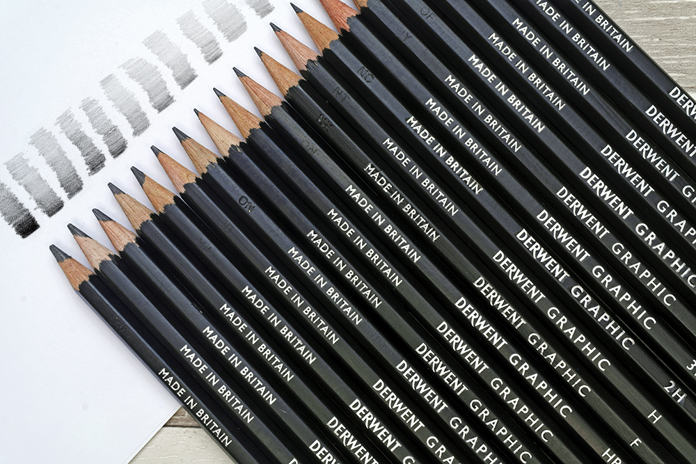 The full range of Derwent Graphic Graphite drawing and sketching pencils with swatches