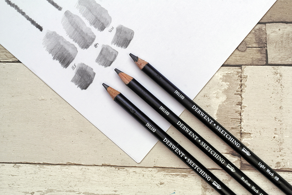 The full range of Derwent Water Soluble Sketching Graphite drawing and sketching pencils with swatches