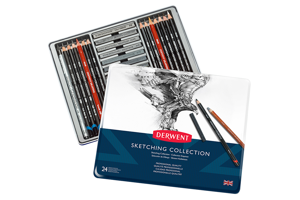 The Derwent Sketching Collection tin of 24 drawing and sketching tools.