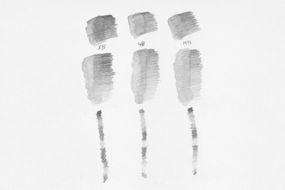 Swatches of Derwent Sketc hing Water Soluble Graphite drawing pencils from 8B to HB