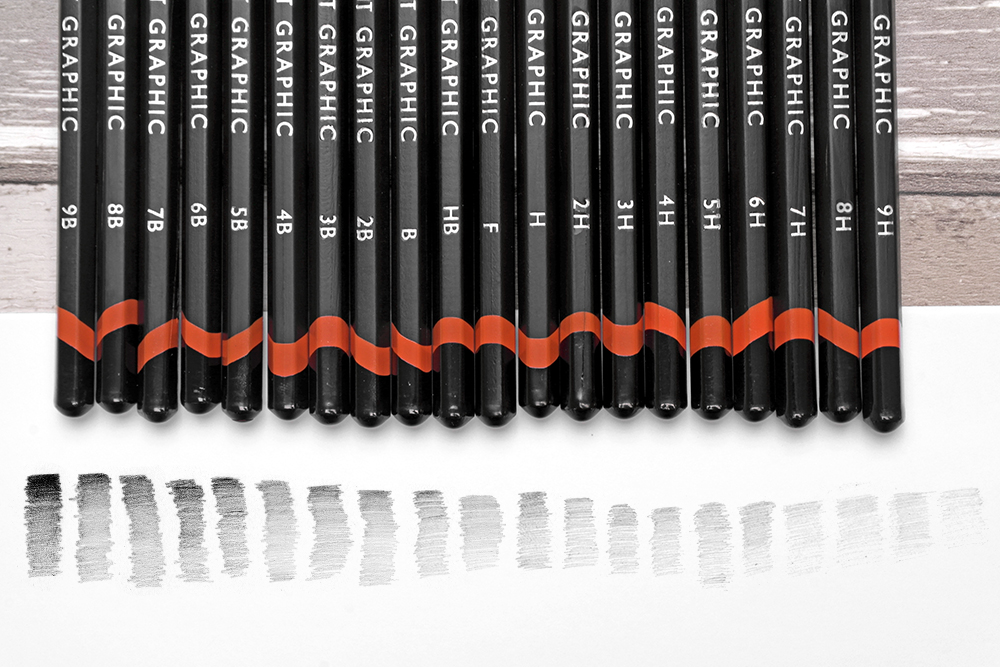 Graphite grading system shown with Derwent Graphic Graphite drawing and sketching pencils