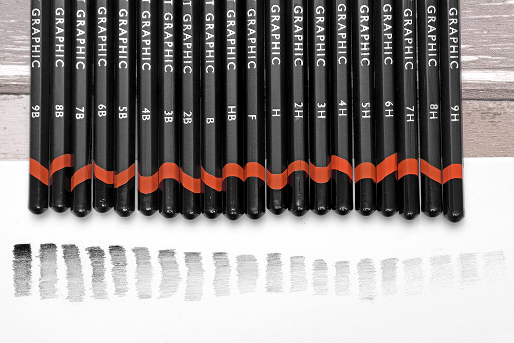 An example of the pencil grades available in the Derwent Graphic pencil range