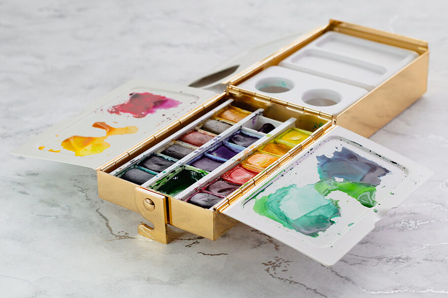 Open Frazer Price Watercolour Palette Box filled with watercolour paint pans