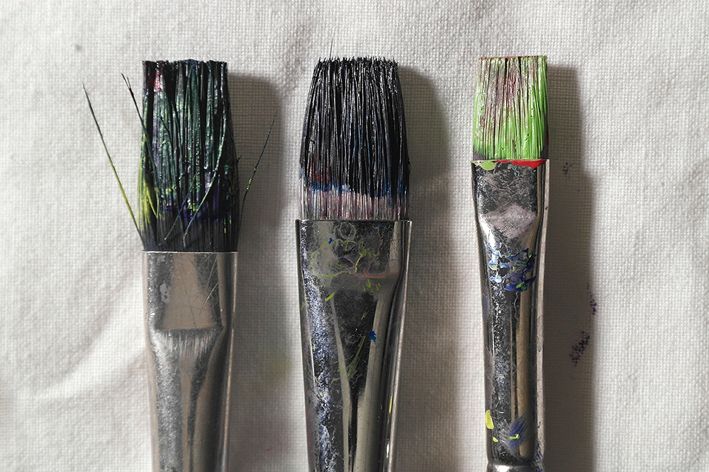 Before  Cleaning - Three paint brushes clogged with acrylic paint