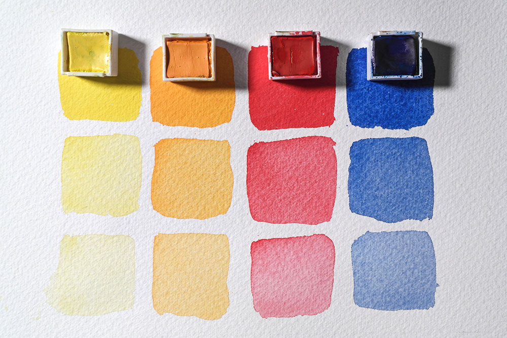 Painted swatches of Inktense in Sun Yellow, Mango, Poppy Red and Bright Blue. The top swatch is the most concentrated colour, while the two sets of swatches below are more dilute.