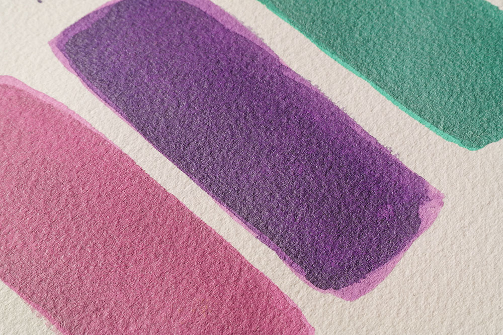 Close up of three Pastel Shades layered with three matching Metallic Shades to create shimmering soft shades. The colour combinations are Pink/Pink, Lavender/Purple and Mint/Green.