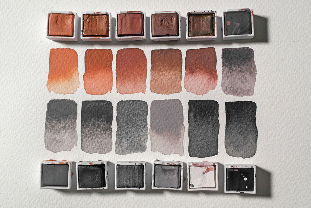 Swatches from the Derwent Shade and Tone Mixed Media Set.
