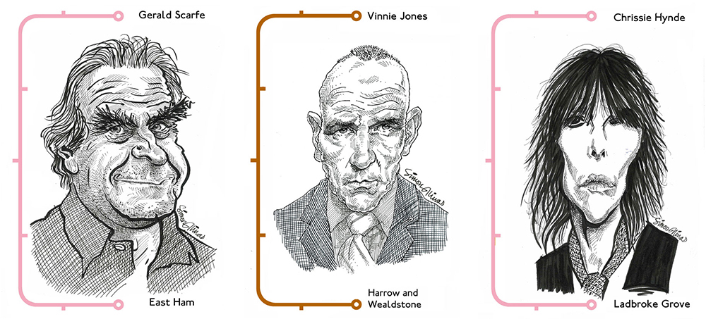 London Underground Caricatures - East Ham (Gerald Scarfe), Harrow and Wealdstone (Vinnie Jones) and Ladbroke Grove (Chrissie Hynde)