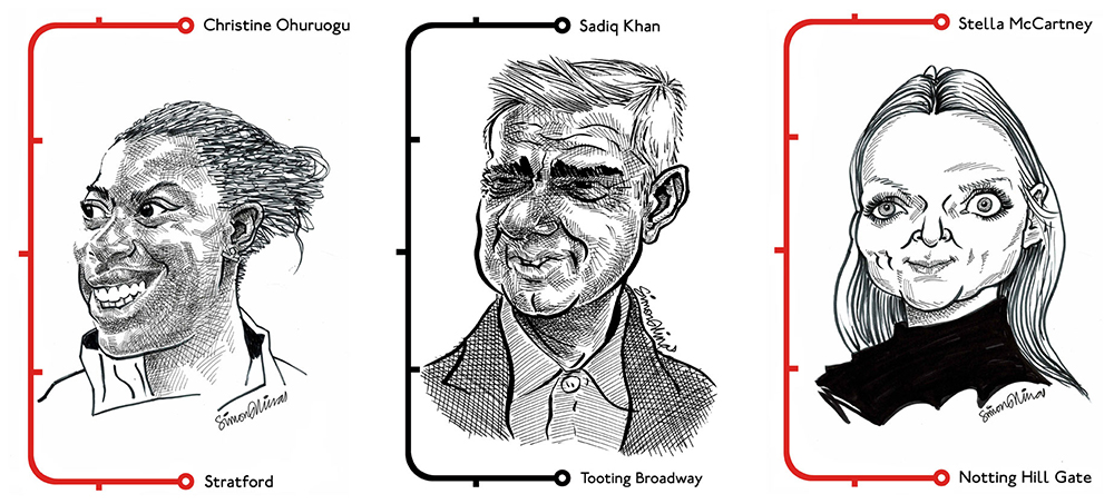 London Underground Caricatures - Stratford (Christine Ohuruogu), Tooting Broadway (Sadiq Khan) and Notting Hill Gate (Stella McCartney)