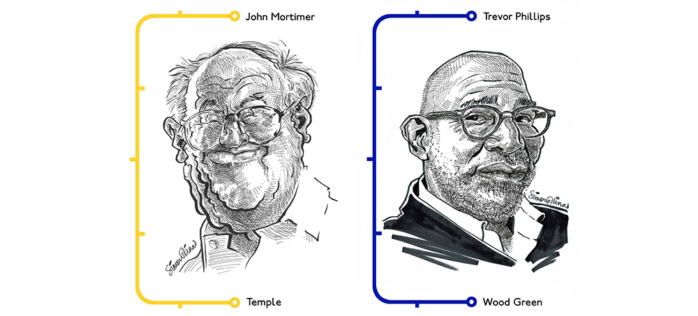 London Underground Caricatures - Temple (John Mortimer) and Wood Green (Trevor Phillips)