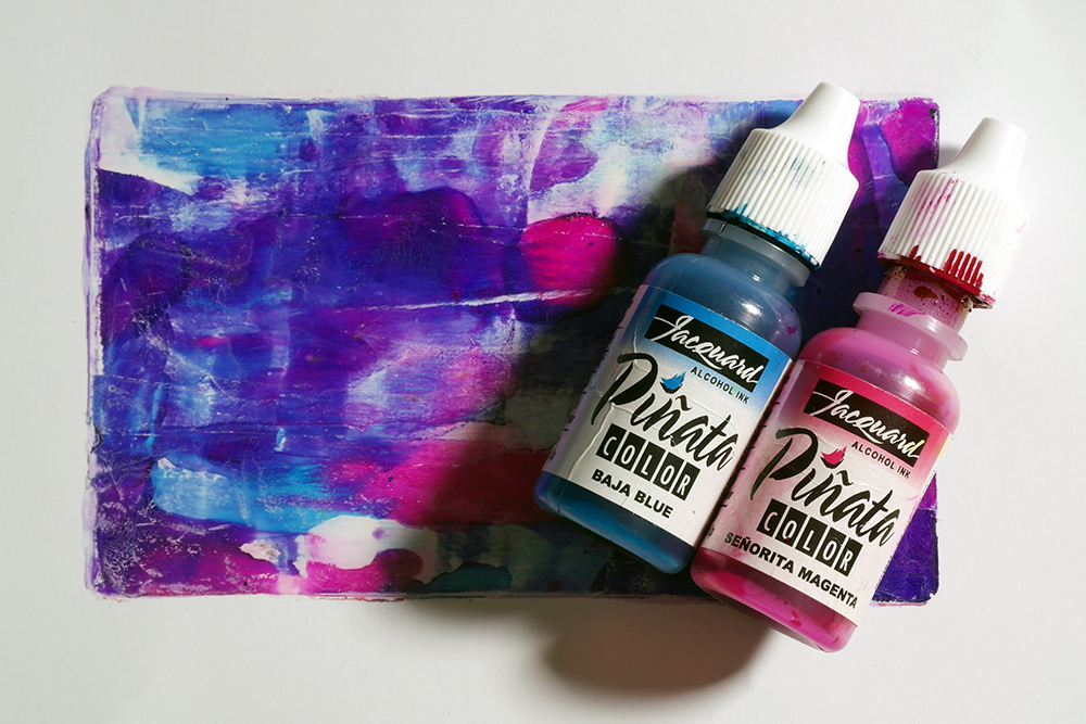 Gel Plate Printing with Alcohol Ink - Pinata Alcohol Ink Bottles in Baja Blue and Senorita Magenta on finished print.