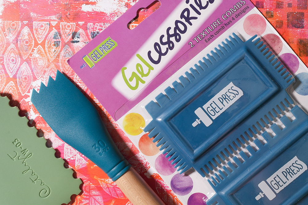 Gel Press Gelcessories Texture Combs and Princeton Catalyst Silicone Painting Tools with printed sheets