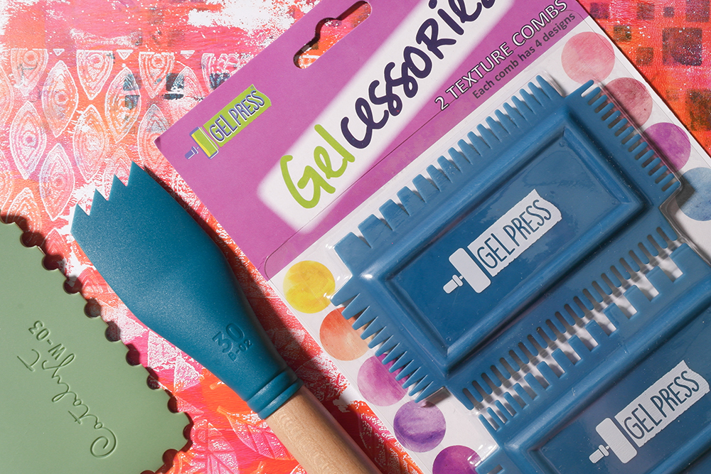 Gel Press Gelcessories Texture Combs and Princeton Catalyst Silicone Painting Tools with printed sheets