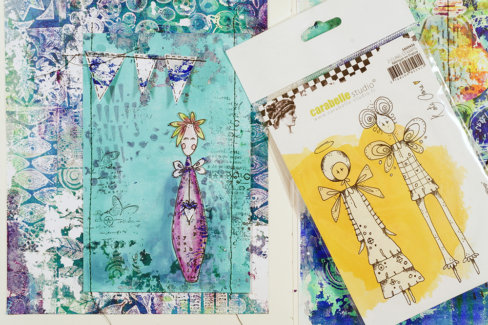 Gel Printing with Cling Stamps - sketchbook pages close up with cling stamp