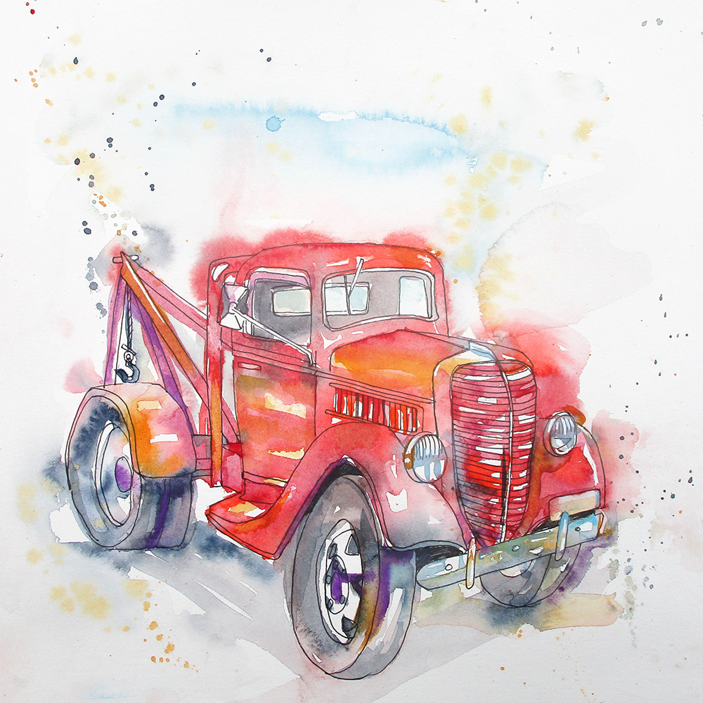 Line and wash painting of a red truck by artist Liz Chaderton