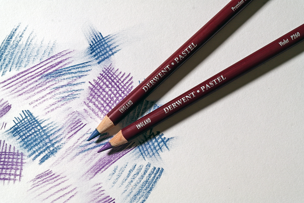 Try experimenting with hatching techniques - Two Derwent Pastel Pencils  in blue and purple have been used to create hatched and cross hatched patterns.