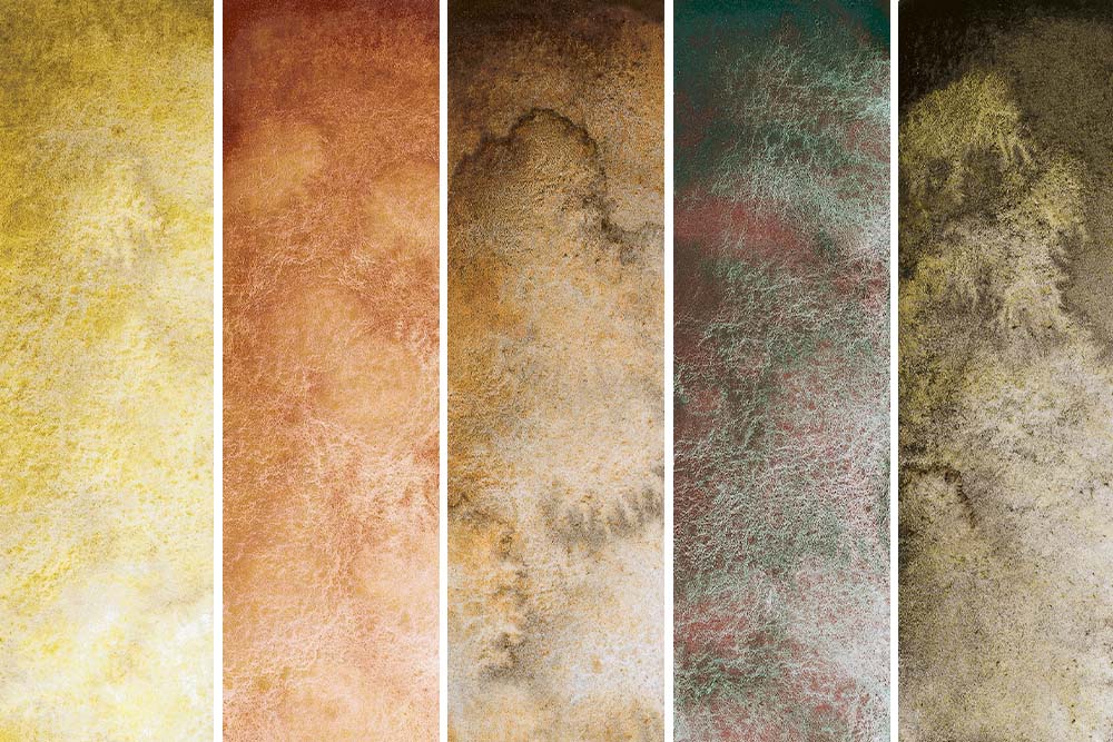 Schmincke Horadam Aquarell Super Granulating Watercolour Paints 5 Desert Colours. From left to right - Desert Yellow, Desert Orange, Desert Brown, Desert Green and Desert Grey.