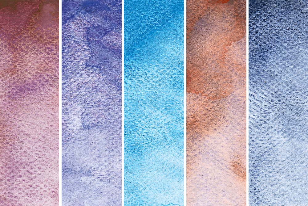 Schmincke Horadam Aquarell Super Granulating Watercolour Paints 5 Galaxy Colours. From left to right - Galaxy Pink, Galaxy Violet, Galaxy Blue, Galaxy Brown and Galaxy Black.