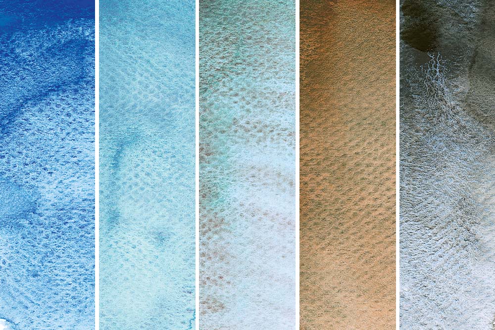 Schmincke Horadam Aquarell Super Granulating Watercolour Paints 5 Glacier Colours. From left to right - Glacier Blue, Glacier Turquoise, Glacier Green, Glacier Brown and Glacier Black.