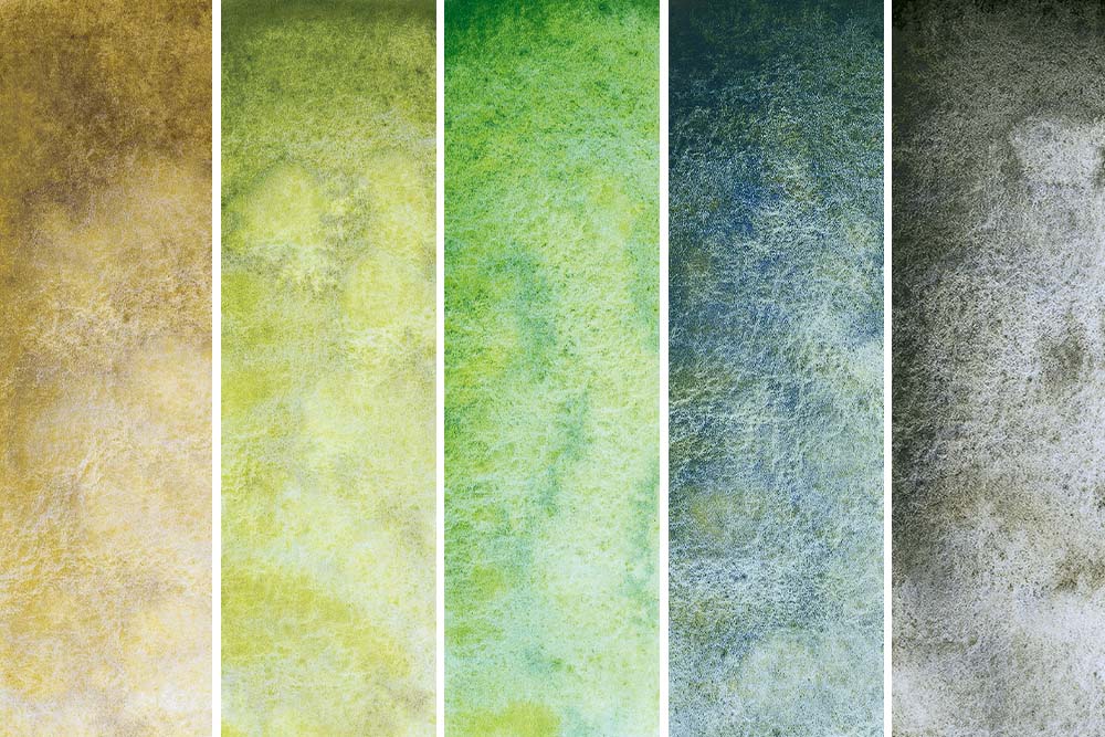 Schmincke Horadam Aquarell Super Granulating Watercolour Paints 5 Shire Colours. From left to right - Shire Yellow, Shire Olive, Shire Green, Shire Blue and Shire Grey