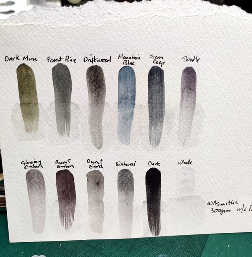 Swatches from the Derwent Tinted Charcoal Paint Pan Set tested on NOT Watercolour Paper
