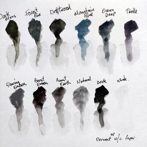 Swatches from the Derwent Tinted Charcoal Paint Pan Set tested on Hot Pressed Watercolour Paper