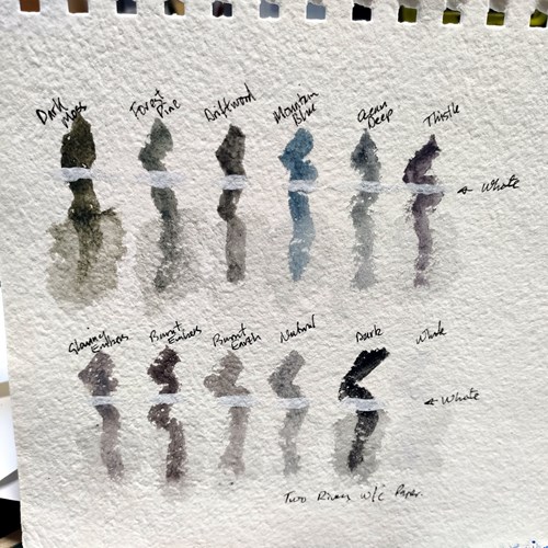Swatches from the Derwent Tinted Charcoal Paint Pan Set tested with opaque White on Rough Watercolour Paper
