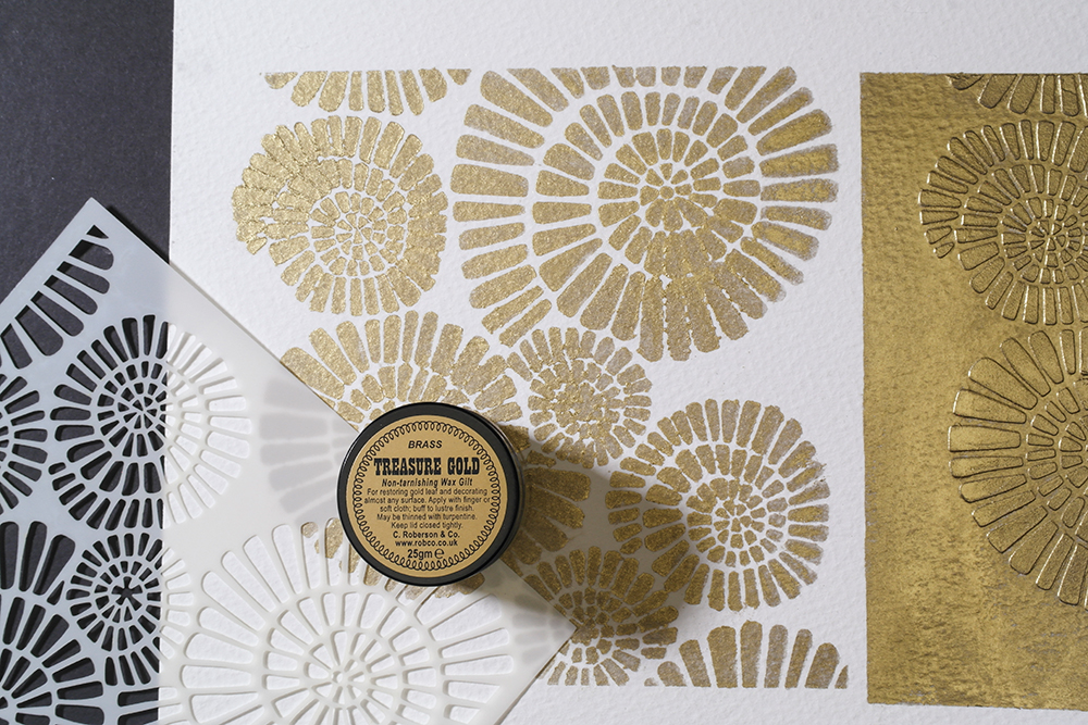 Create mixed media pieces by applying Treasure Gold through a stencil just thin it with Brush Bath or white spirit.