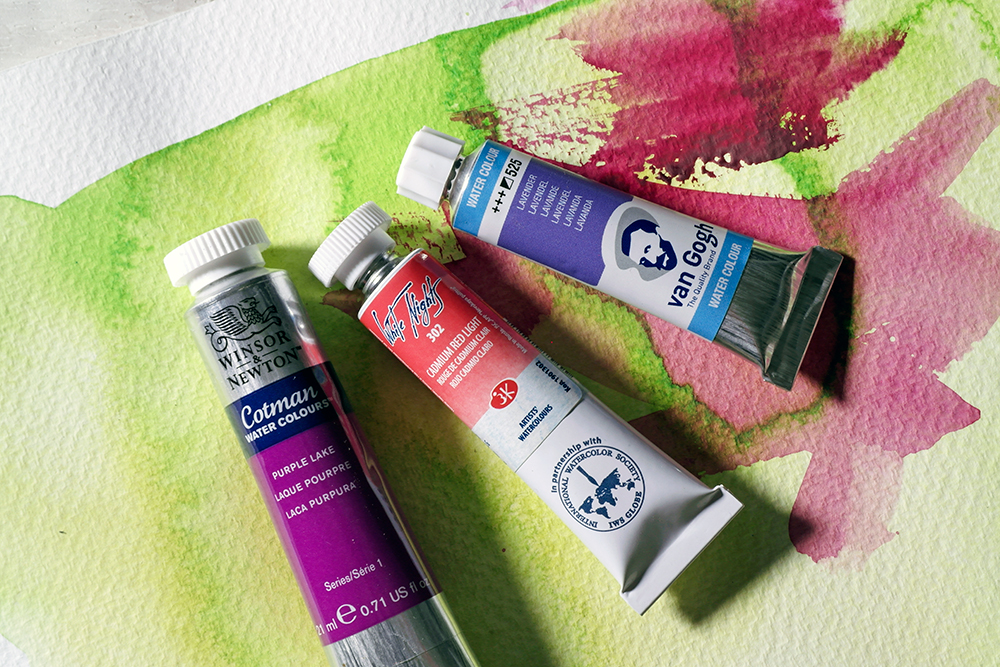 Tubes of student grade watercolour paint from Winsor & Newton Cotman, White Nights and Van Gogh.