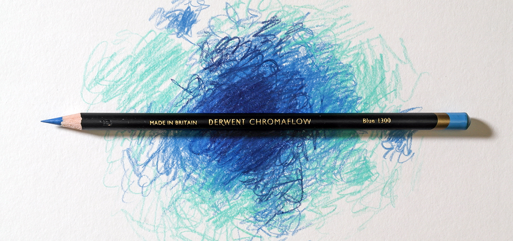 A Blue Chromaflow colouring pencil on a scribbled pencil background