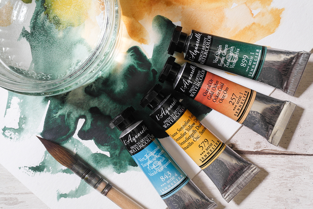 4 tubes of Sennelier L'Aquarelle Watercolour Paint with a quill brush