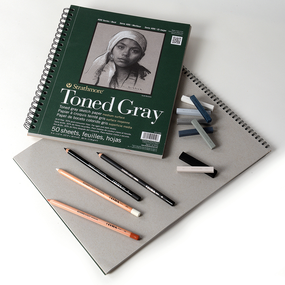 An image of a Strathmore Series 400 Toned Grey Pad with some Lyra Rembrandt pencils