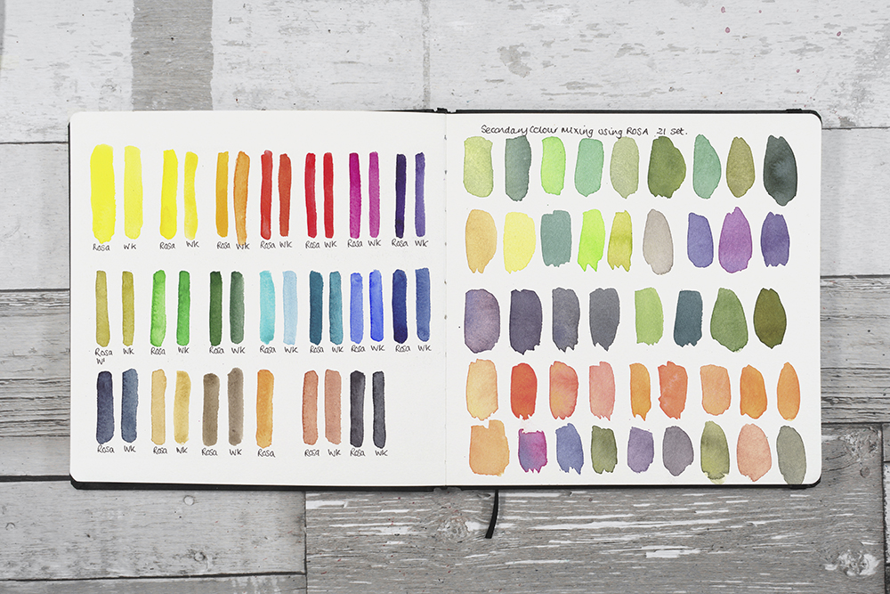 An image of a sketchbook with a side by side comparison to White Knights and a selection of secondary colours mixed using the Classic 21 set from Rosa