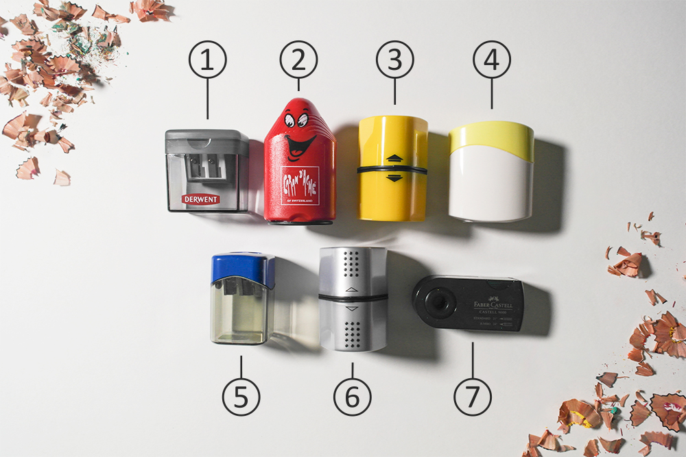 Assorted reservoir canister pencil sharpeners on a white background, numbered.