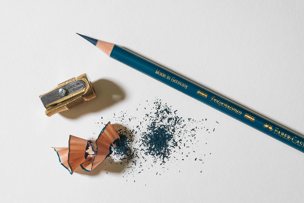 Faber-Castell Polychromos Pencil sharpened to a long fine point with the M and R Pollux Brass Pencil Sharpener
