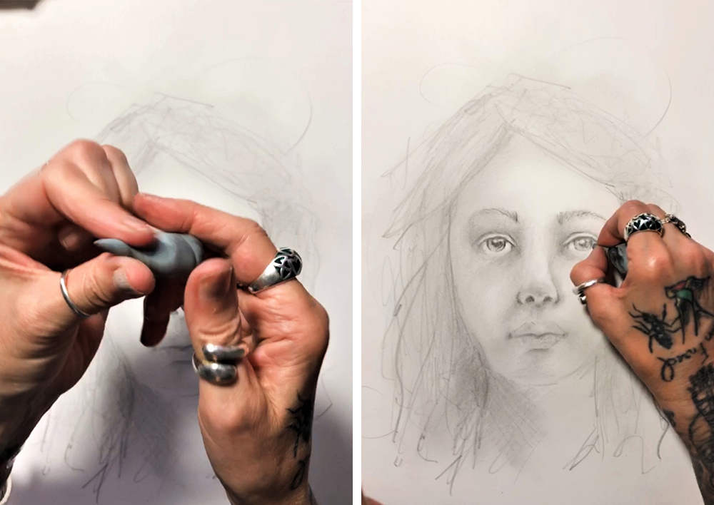 Step 6 - Two images using a putty rubber to create highlights