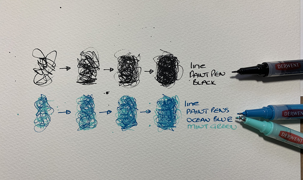 Tones created using paint pens; the tighter the lines between scribbles the darker the tone.