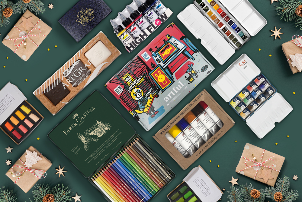 Assorted Gifts for Artists on a Christmas Background