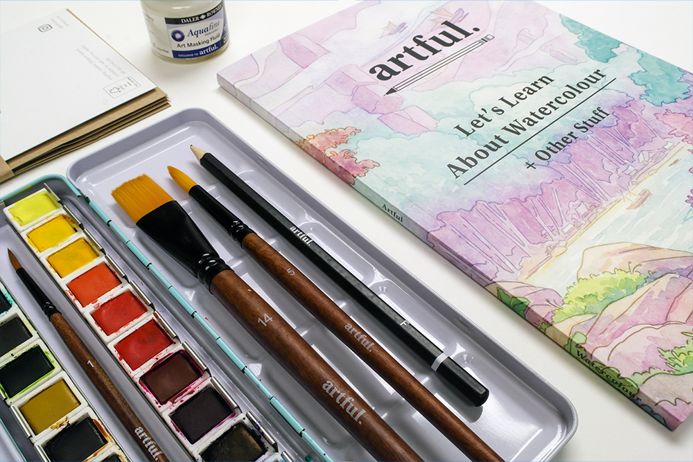 Assorted materials from the Artful Let's Learn Watercolour Starter Box