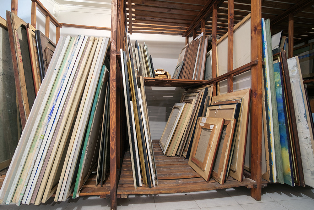 Artists canvas and frames in storage